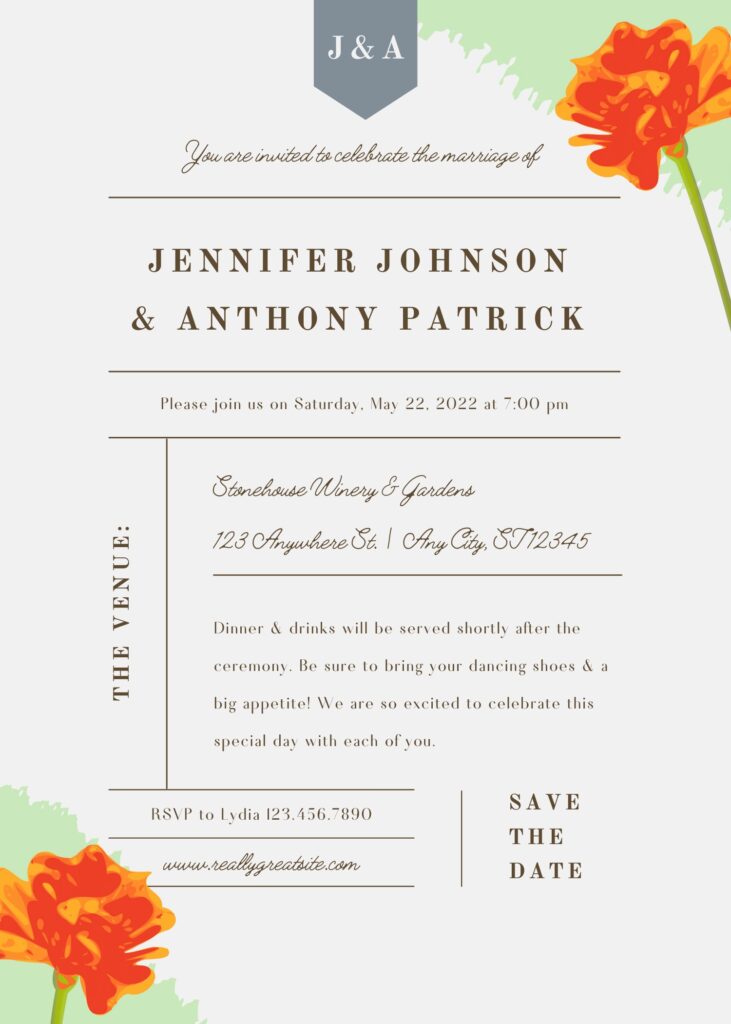 (Free) 8+ Orange Blossoms Canva Wedding Invitation Templates with aesthetic watercolor background