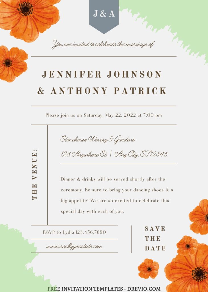 (Free) 8+ Orange Blossoms Canva Wedding Invitation Templates with bright red poppy