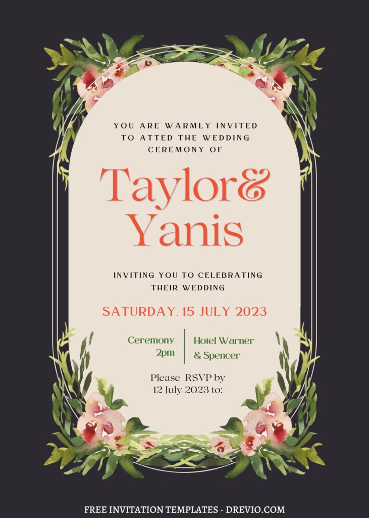 FREE PRINTABLE - 9+ Botanical Arch Canva Wedding Invitation Templates with navy background