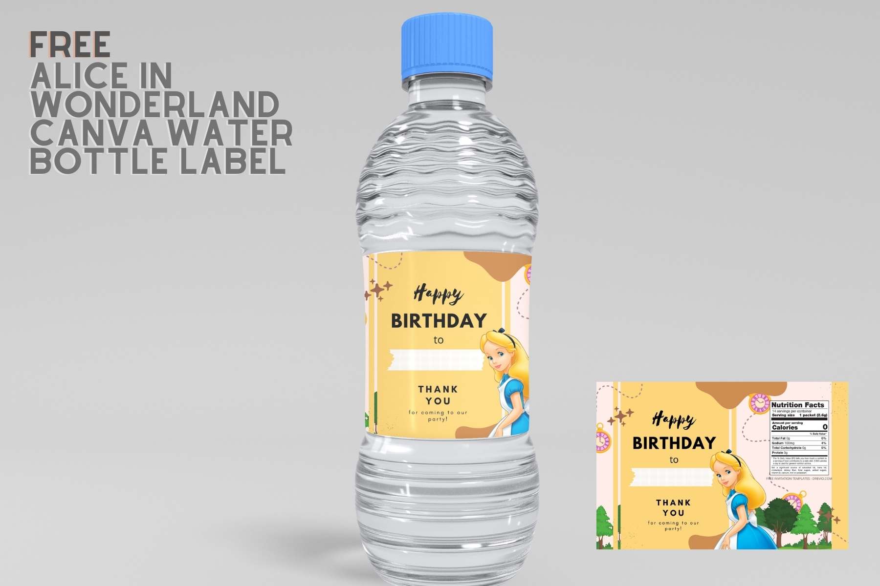 (Free) Alice In Wonderland Canva Birthday Water Bottle Labels