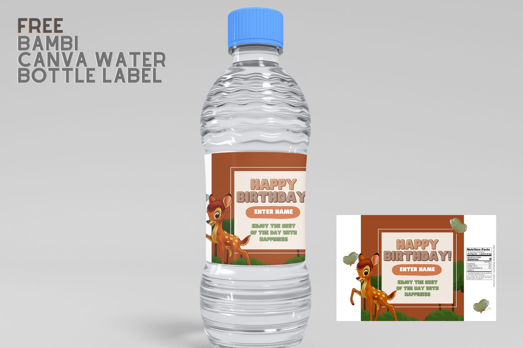 (Free) Bambi Canva Birthday Water Bottle Labels