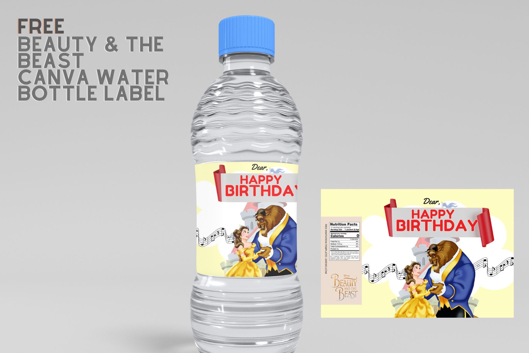 ( Free Editable ) Beauty And The Beast Canva Birthday Water Bottle Labels 