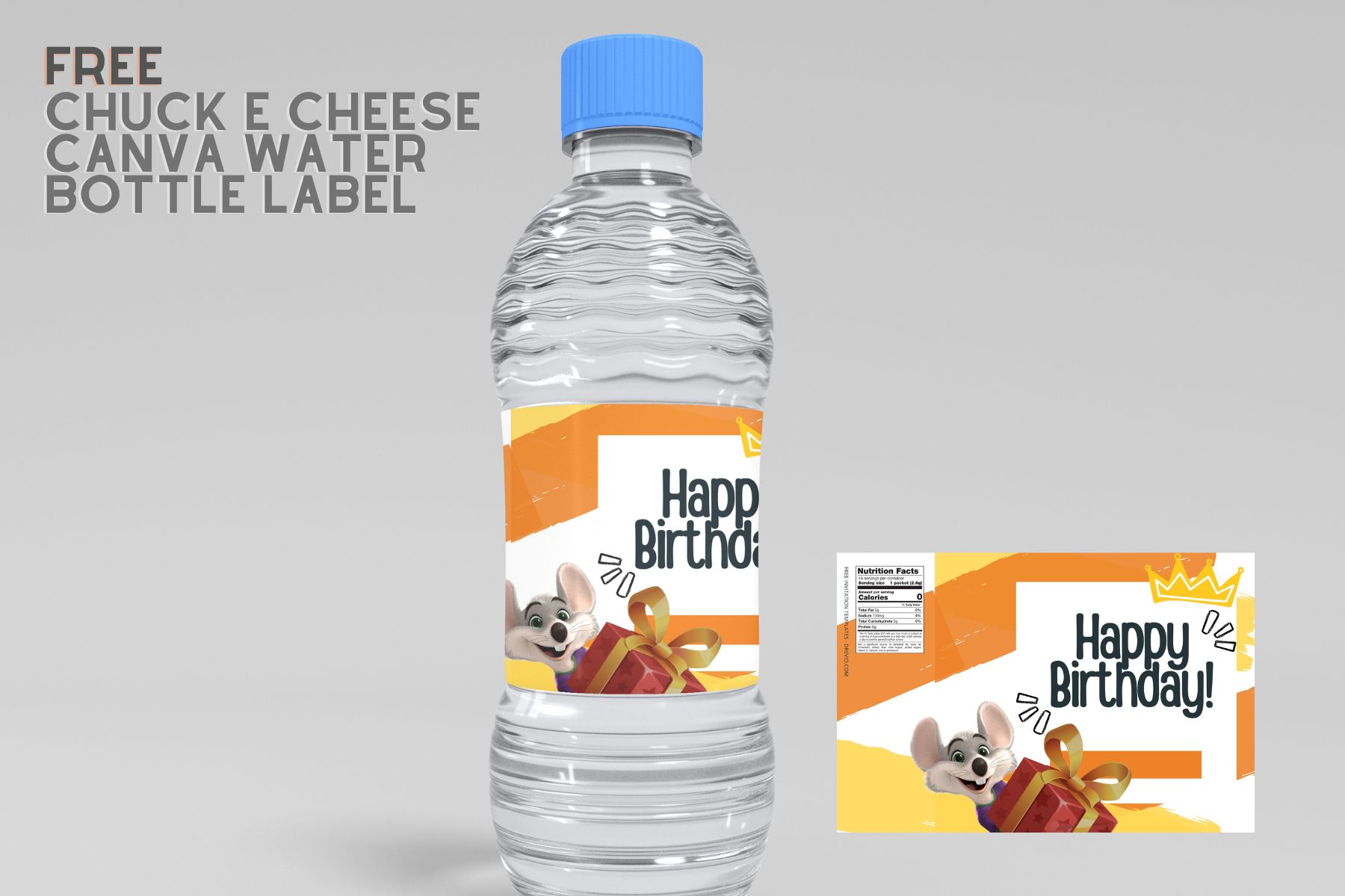 (Free Editable) Chuck E Cheese Canva Birthday Water Bottle Labels