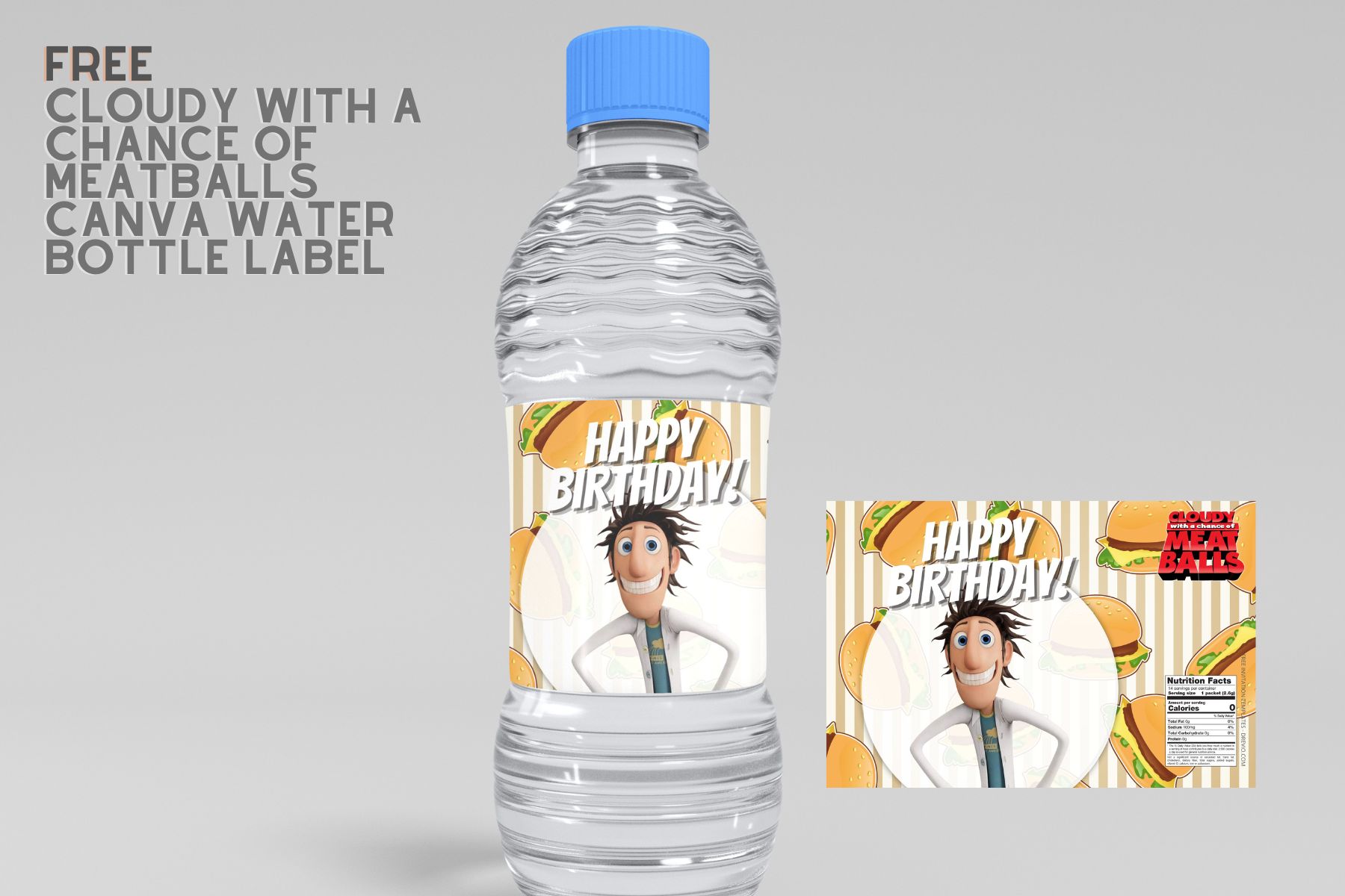 (Free Editable) Cloudy With A Chance Of Meatballs Canva Water Bottle Labels