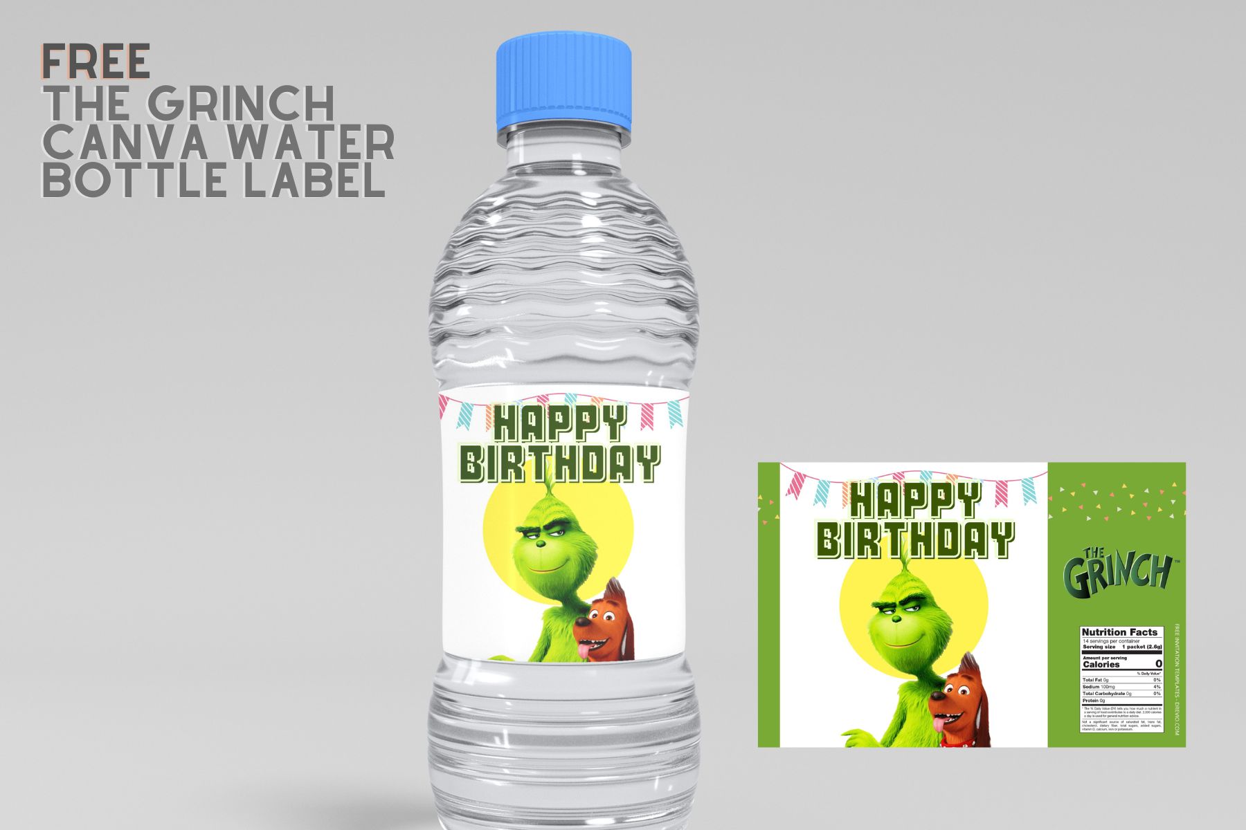 (Free Editable) The Grinch Canva Birthday Water Bottle Labels