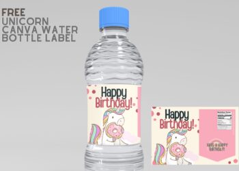 (Free Editable) Unicorn Themes Canva Birthday Water Bottle Labels