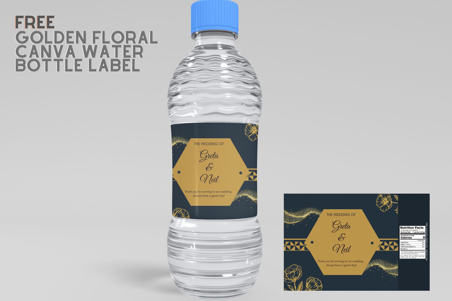 (Free) Golden Floral Canva Wedding Water Bottle Labels