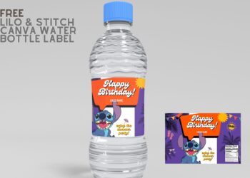 (Free) Lilo & Stitch Canva Birthday Water Bottle Labels