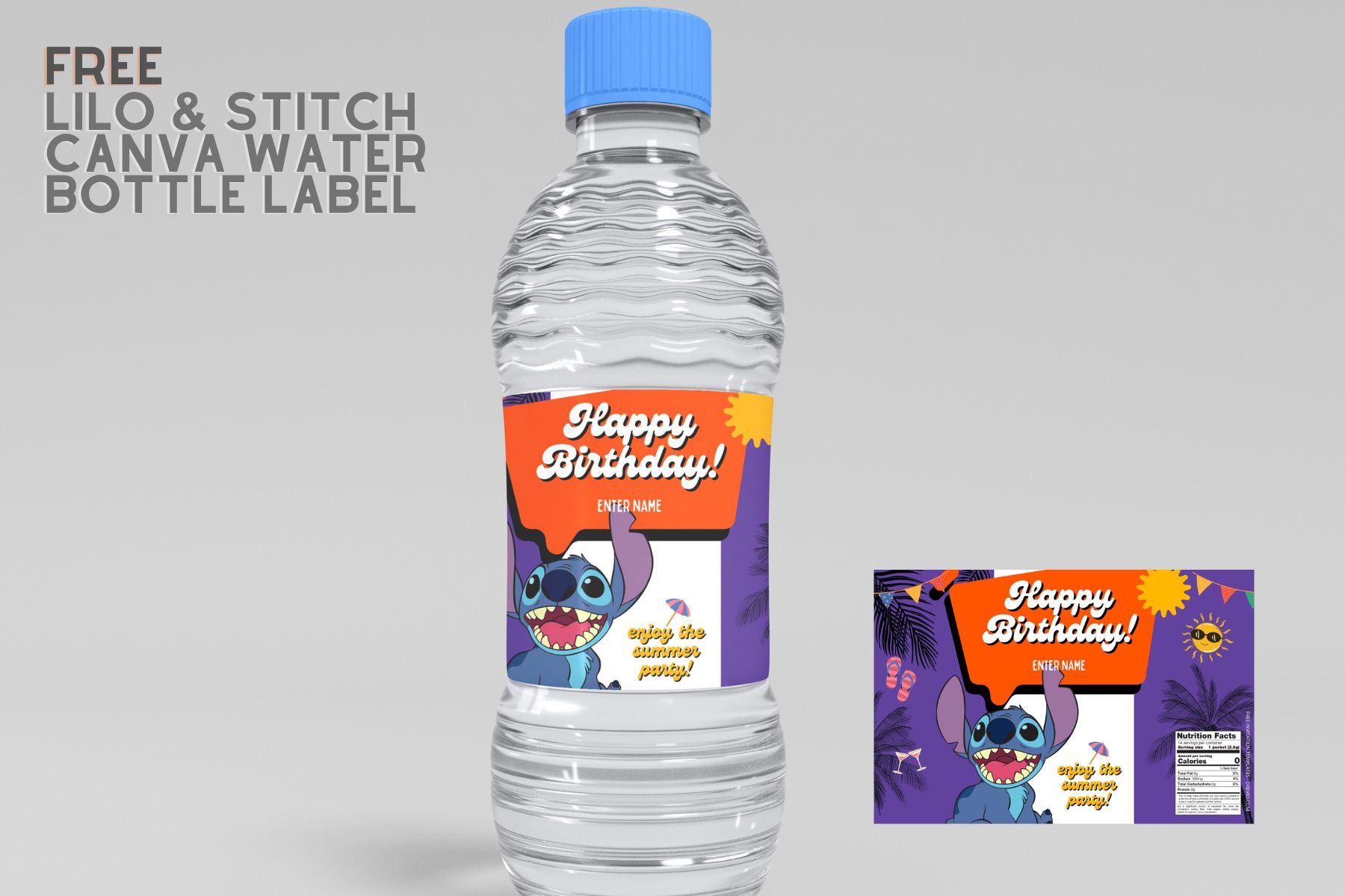 (Free) Lilo & Stitch Canva Birthday Water Bottle Labels 
