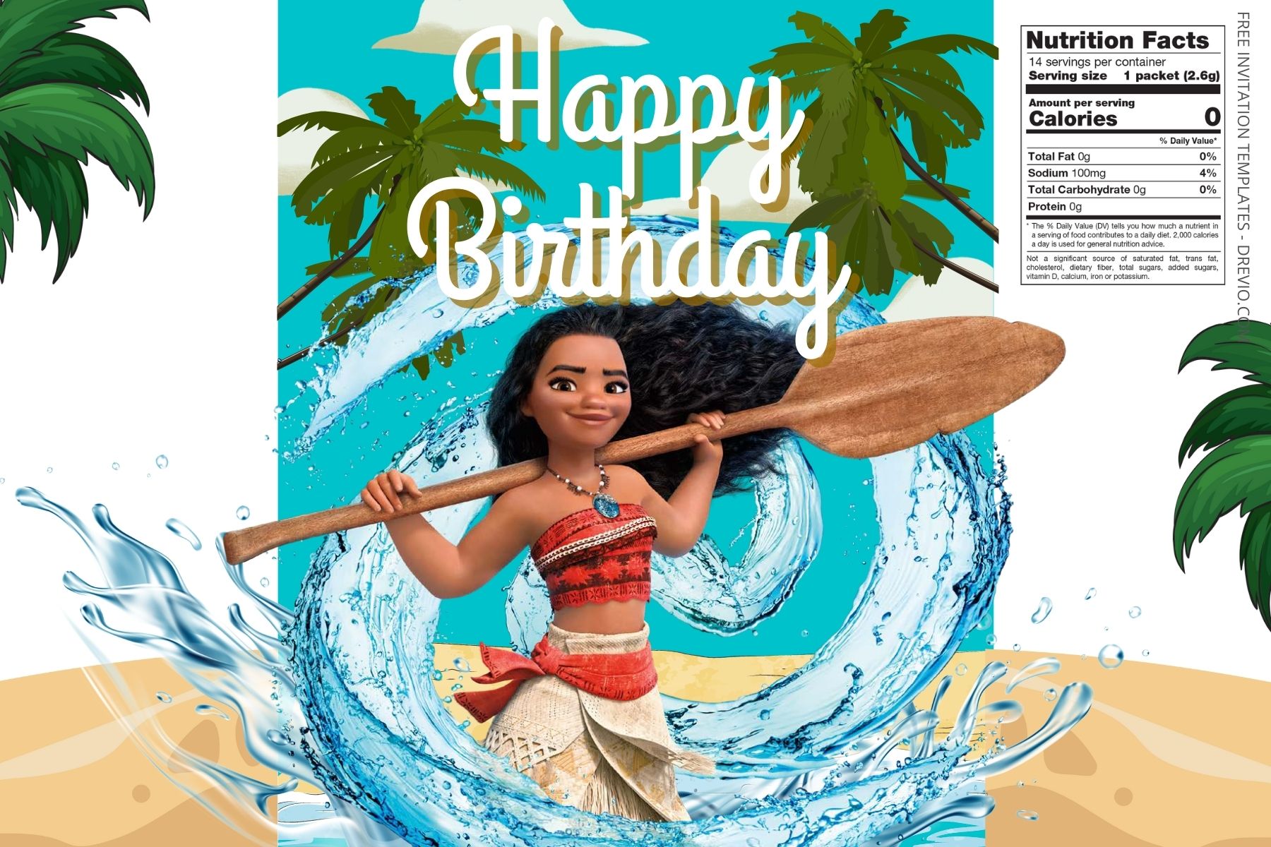 (Free) Moana Canva Birthday Water Bottle Labels Four