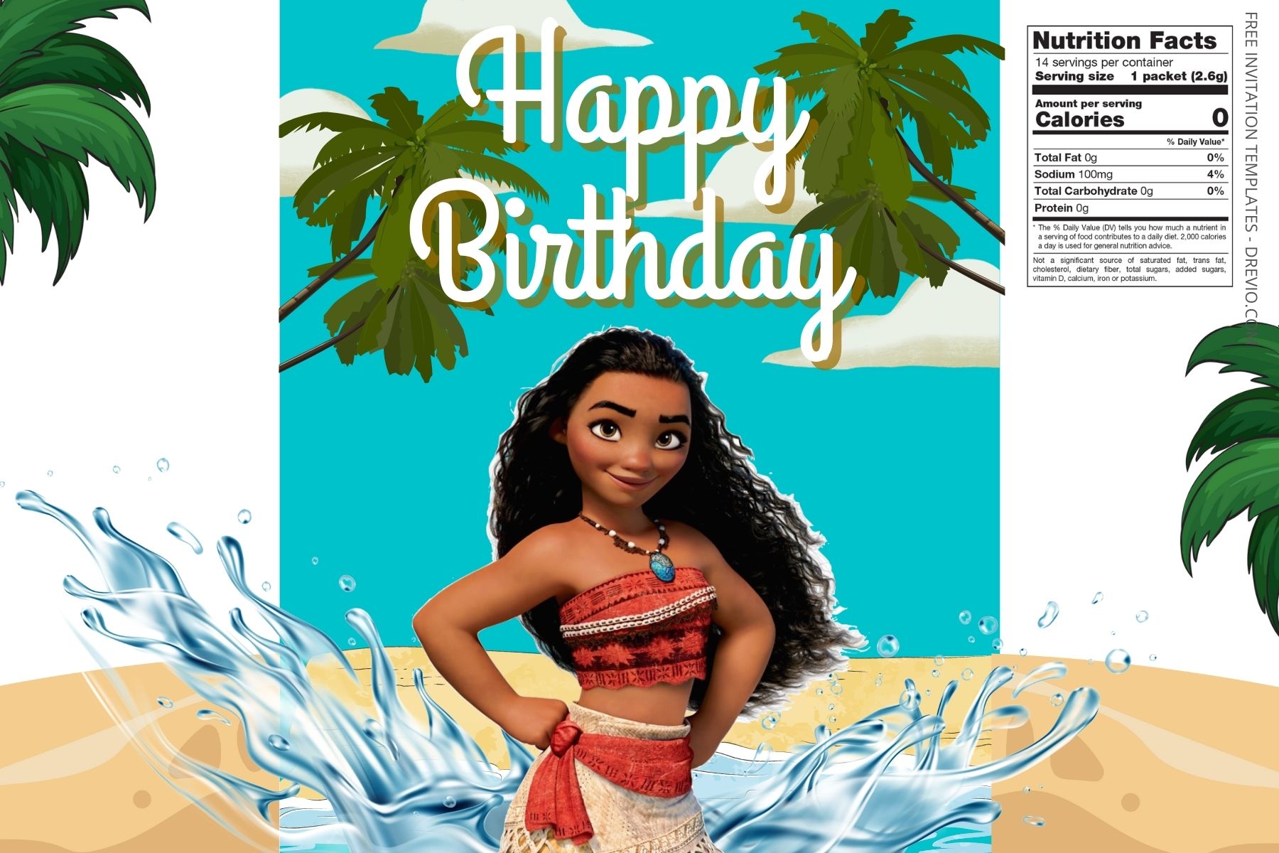 (Free) Moana Canva Birthday Water Bottle Labels One