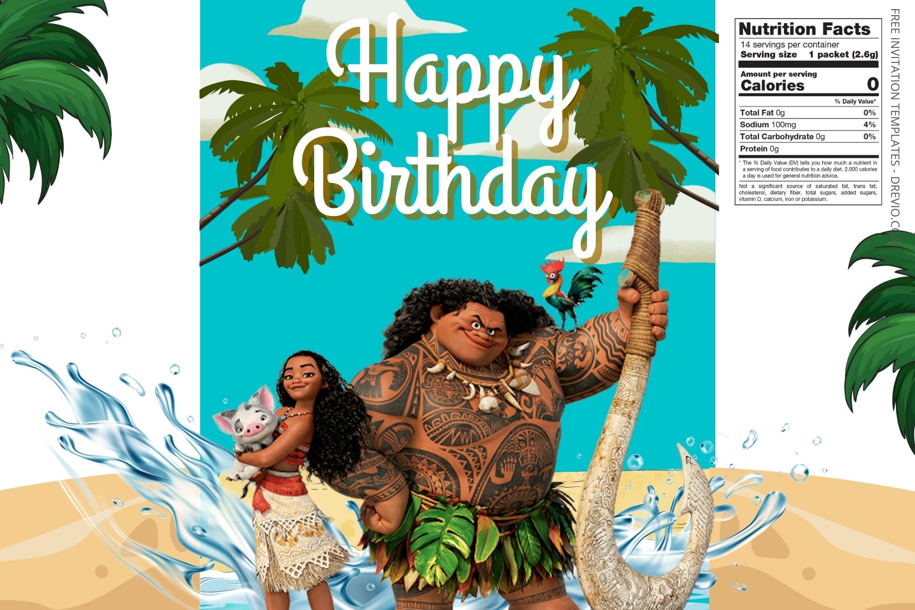 (Free) Moana Canva Birthday Water Bottle Labels Two