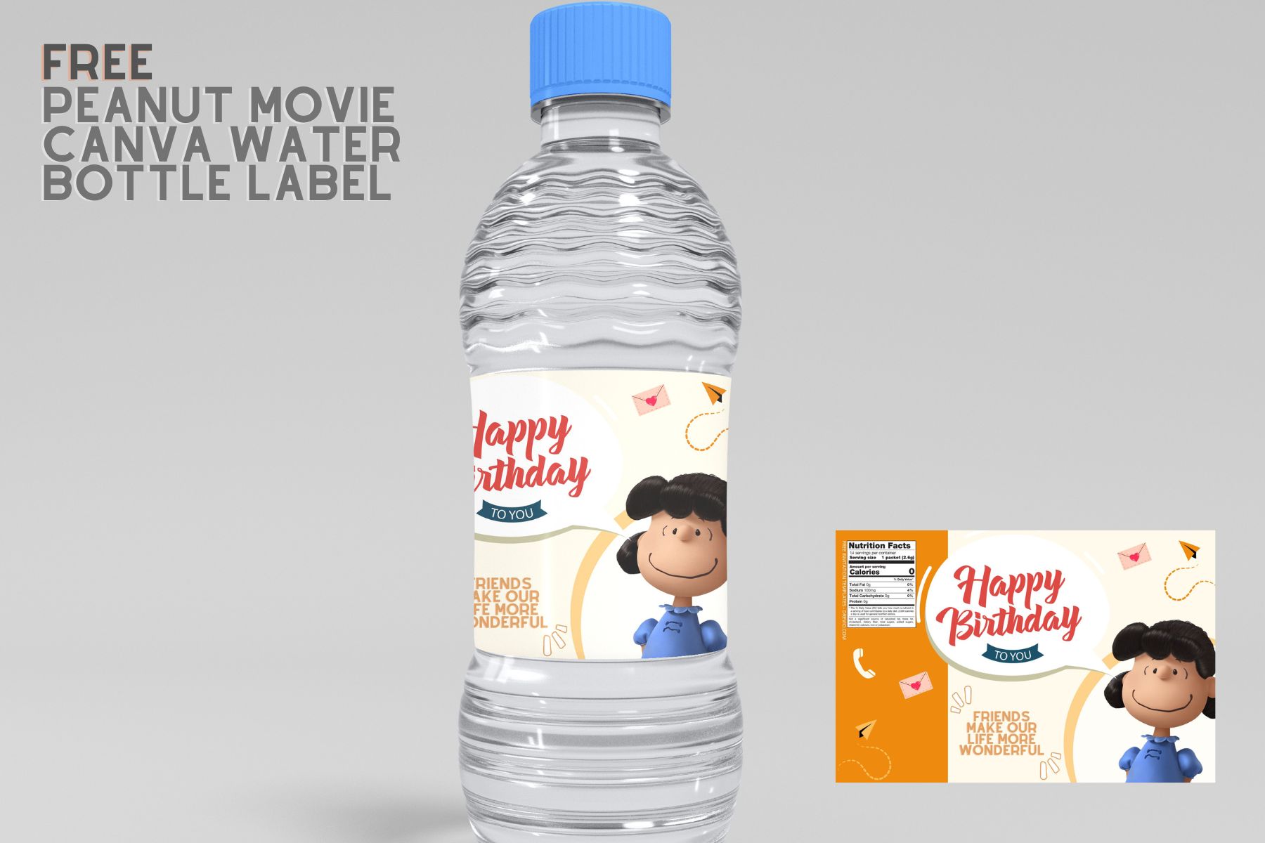 (Free) Peanut Movie Canva Birthday Water Bottle Lables