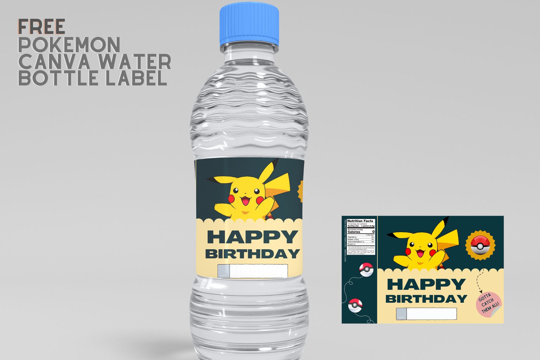 (Free) Pikachu Canva Birthday Water Bottle Labels 