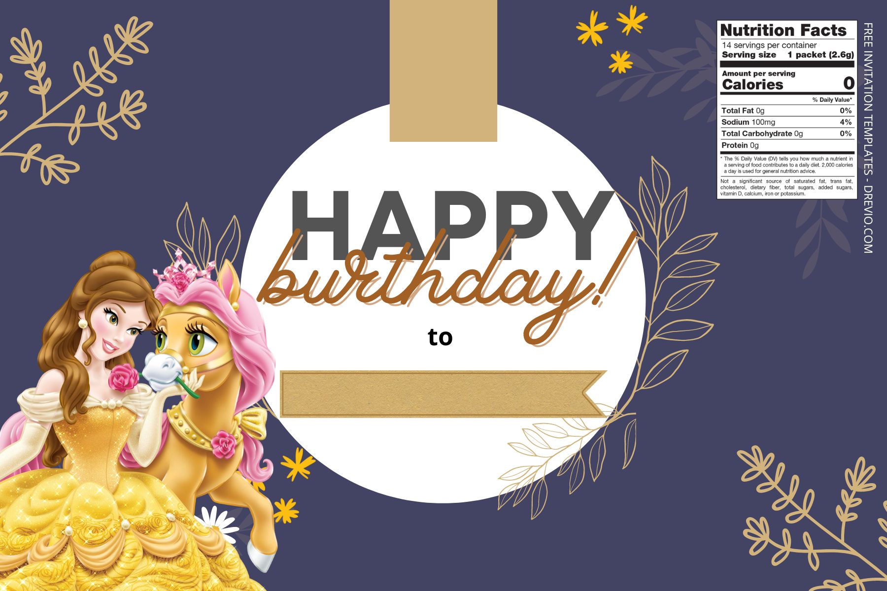 (Free) Princess Belle Canva Birthday Water Bottle Labels Six