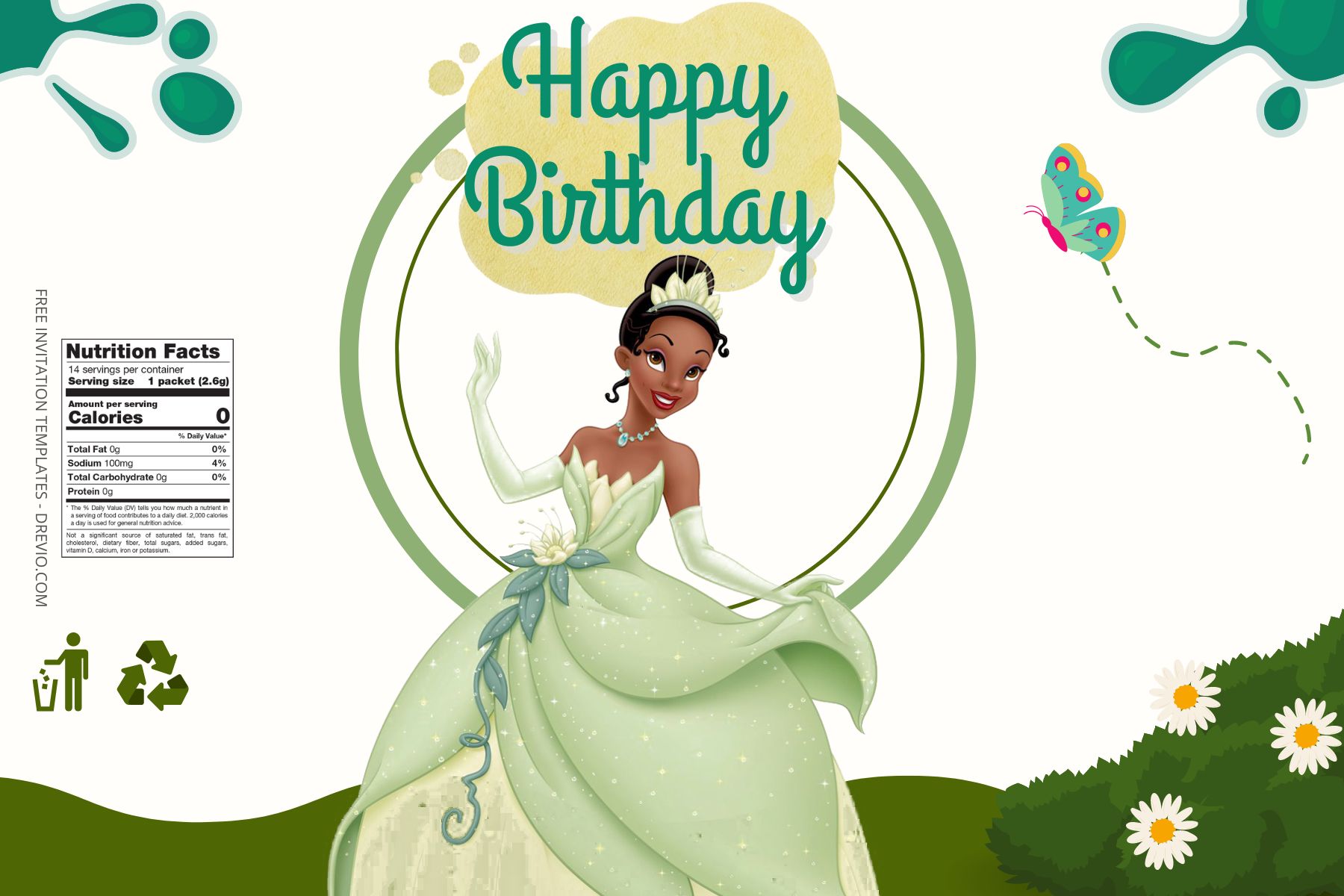 (Free) Princess Tiana Canva Birthday Water Bottle Labels Four