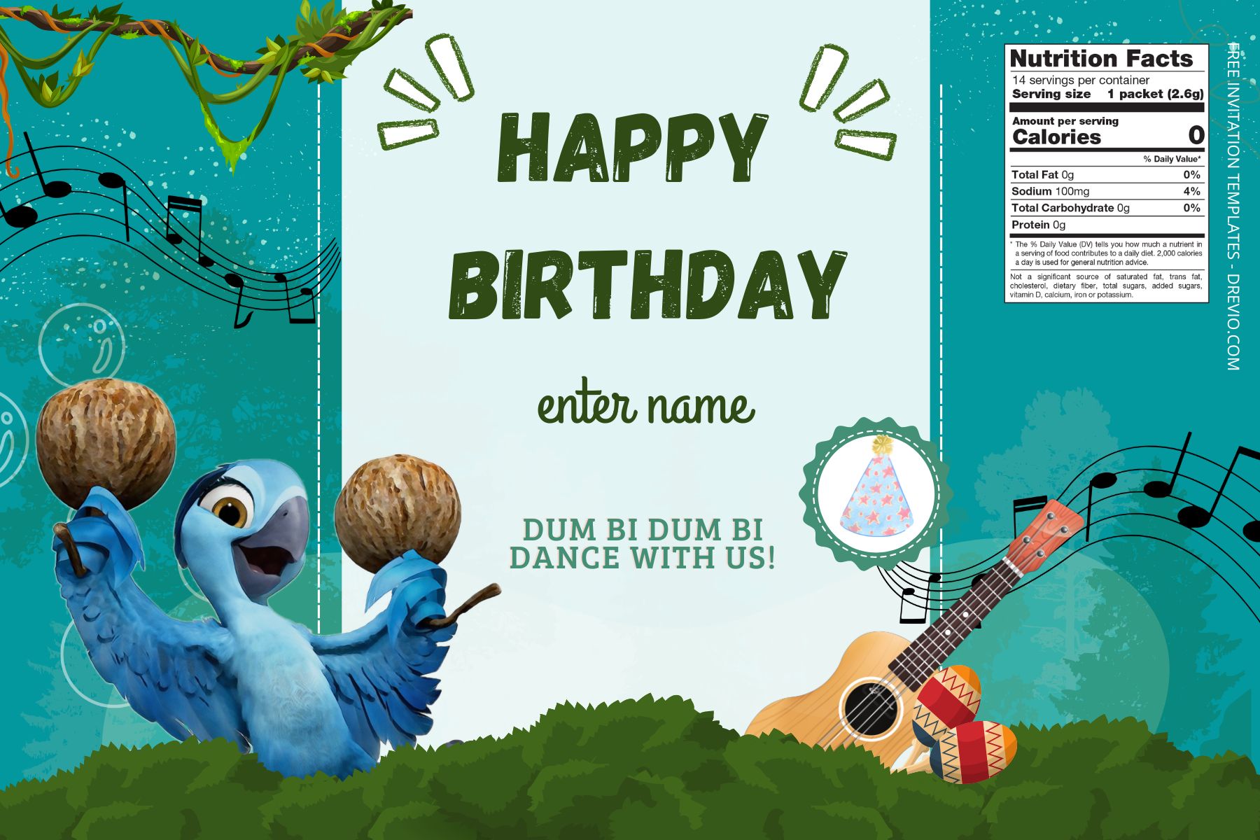 (Free) Rio Canva Birthday Water Bottle Labels Five