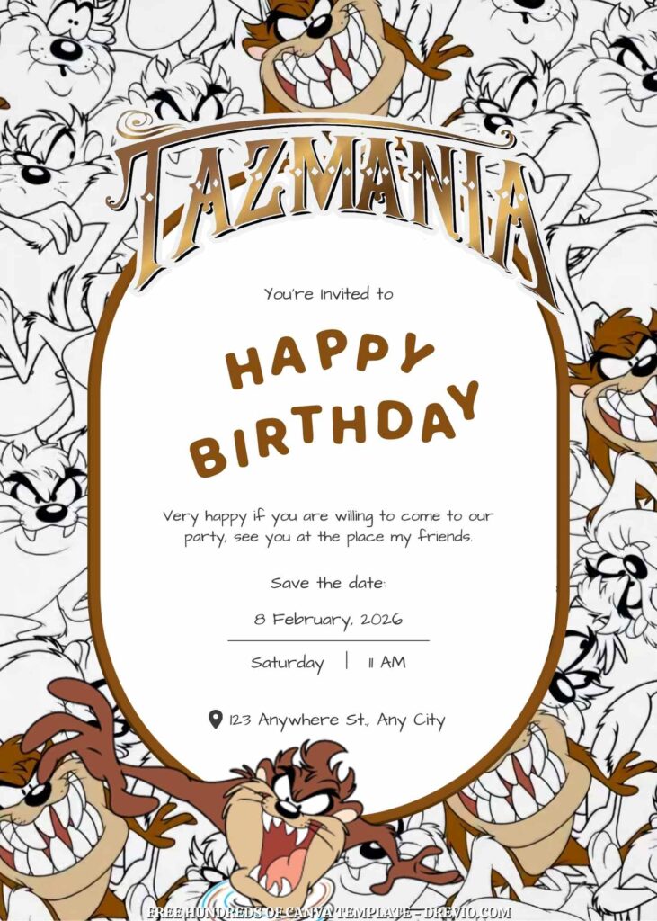 Free Taz-Mania Birthday Invitations with Black and White Background