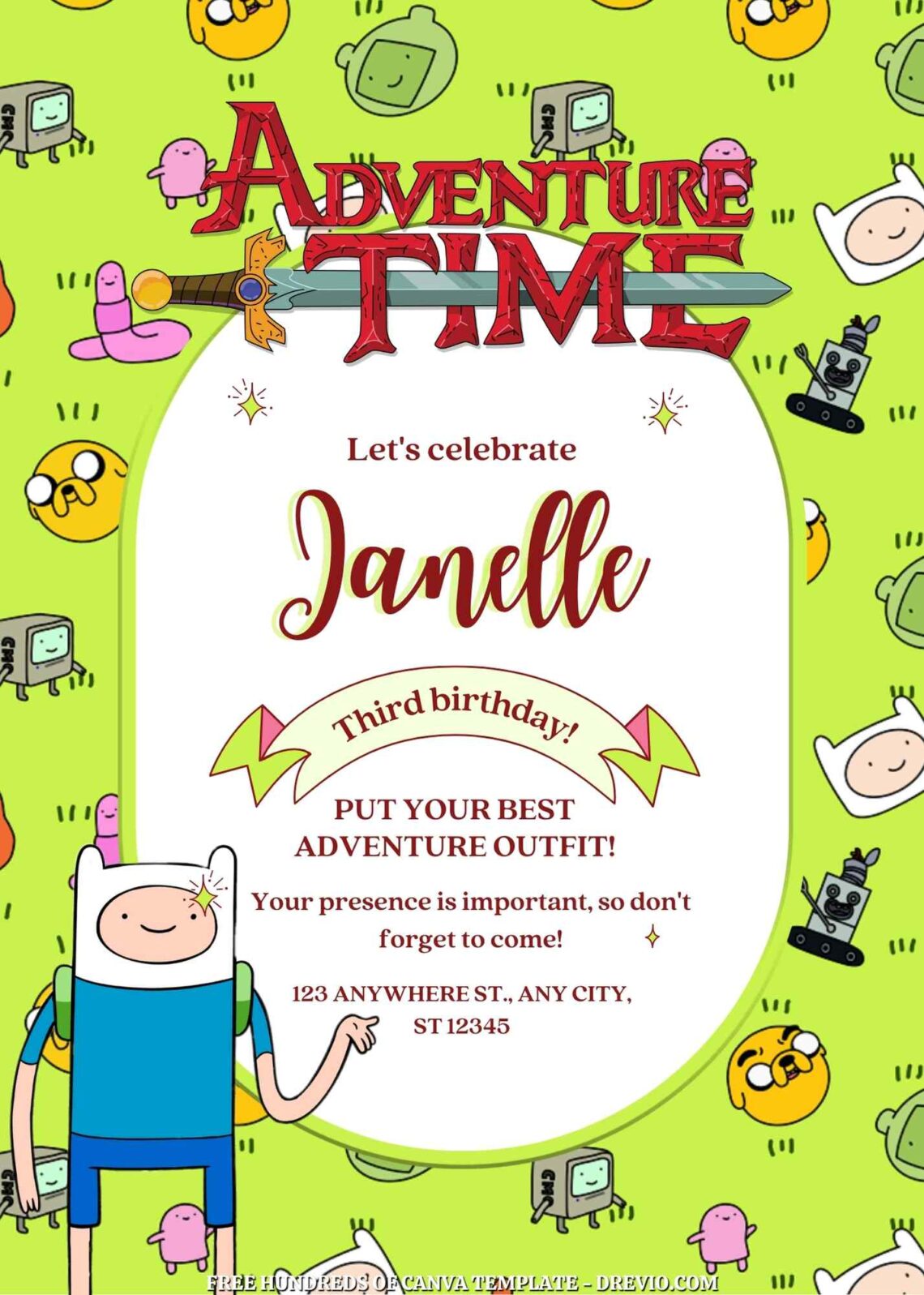 Free Adventure Time Birthday Invitations with Group in the Green Background