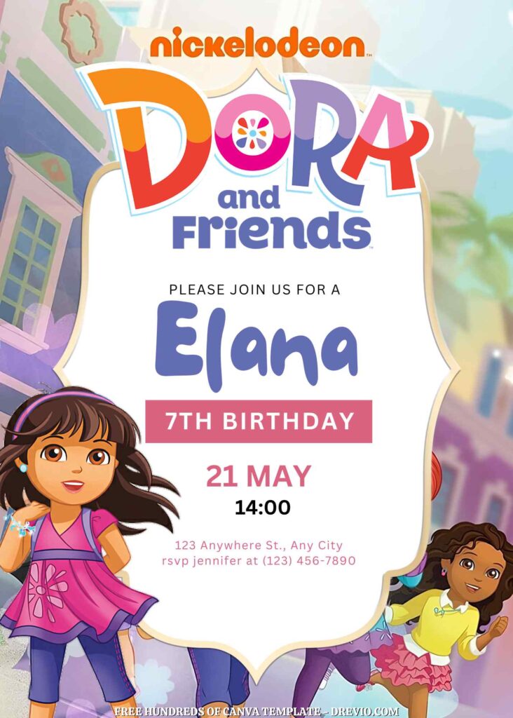 Free Dora and Friends Birthday Invitations with Group in the Background 
