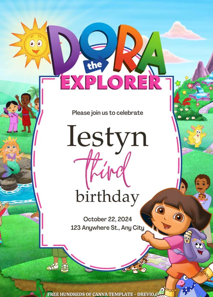 Free Dora the Explorer Birthday Invitations with Group in the Background
