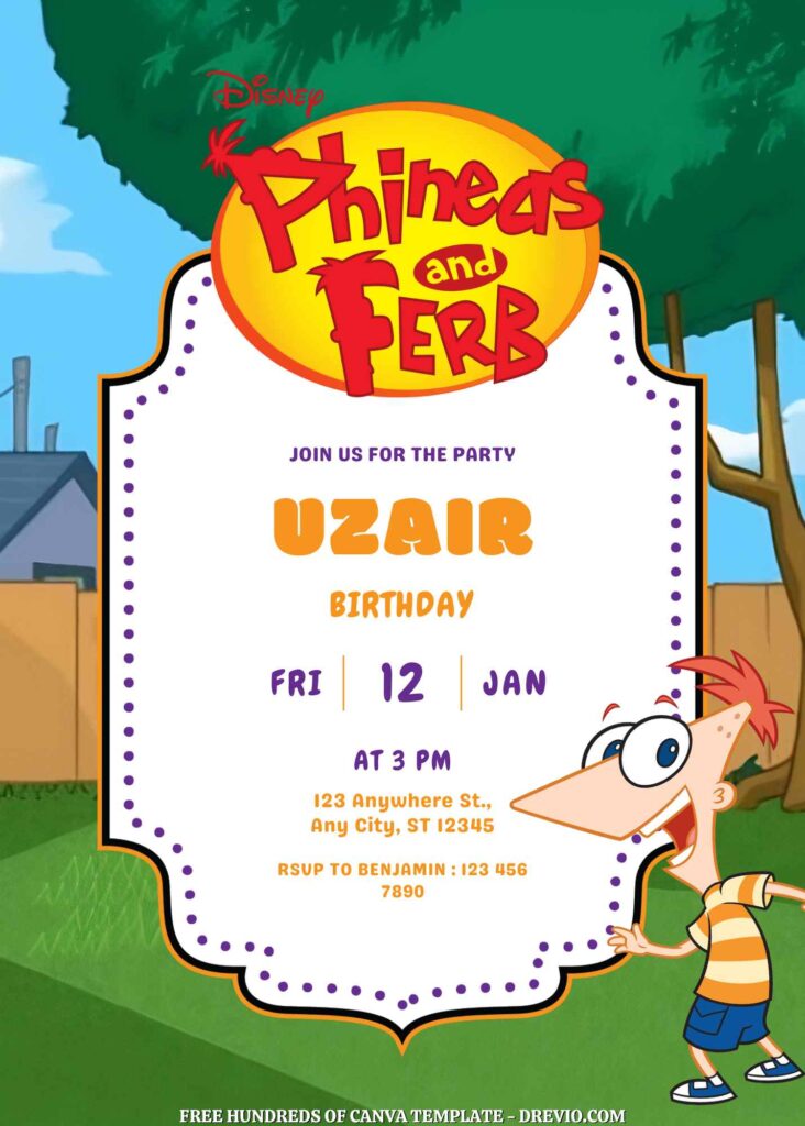 Free Phineas and Ferb Birthday Invitations with Scenery in the Background