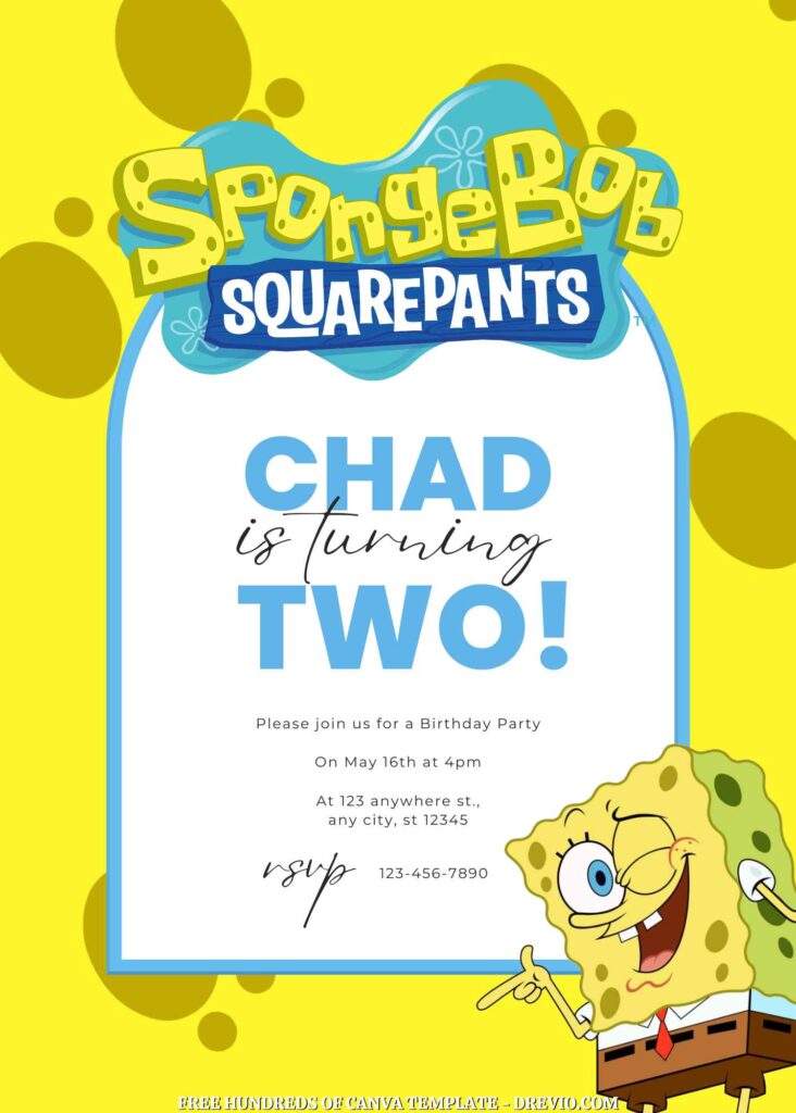 Free SpongeBob Squarepants Birthday Invitations with Yellow Background