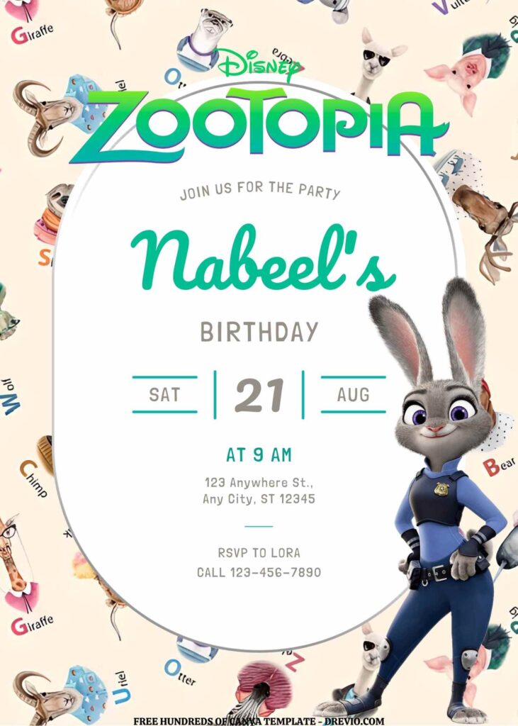 Invitation Template of FREE EDITABLE - 16 Zootopia Canva Birthday Invitation Templates 16