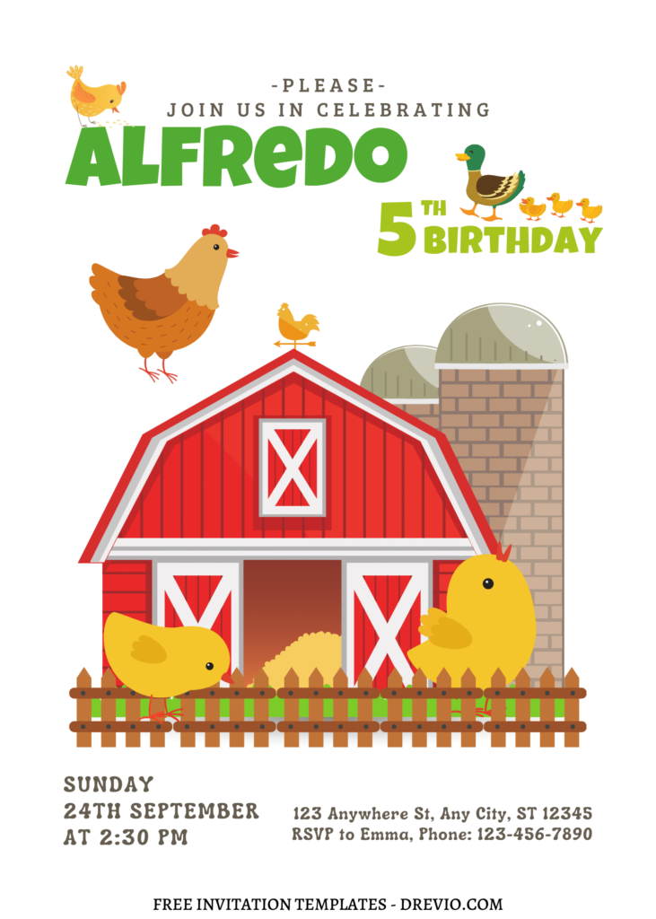 10+ Fun On The Farm Canva Birthday Invitation Templates with cute cartoon farmhouse
