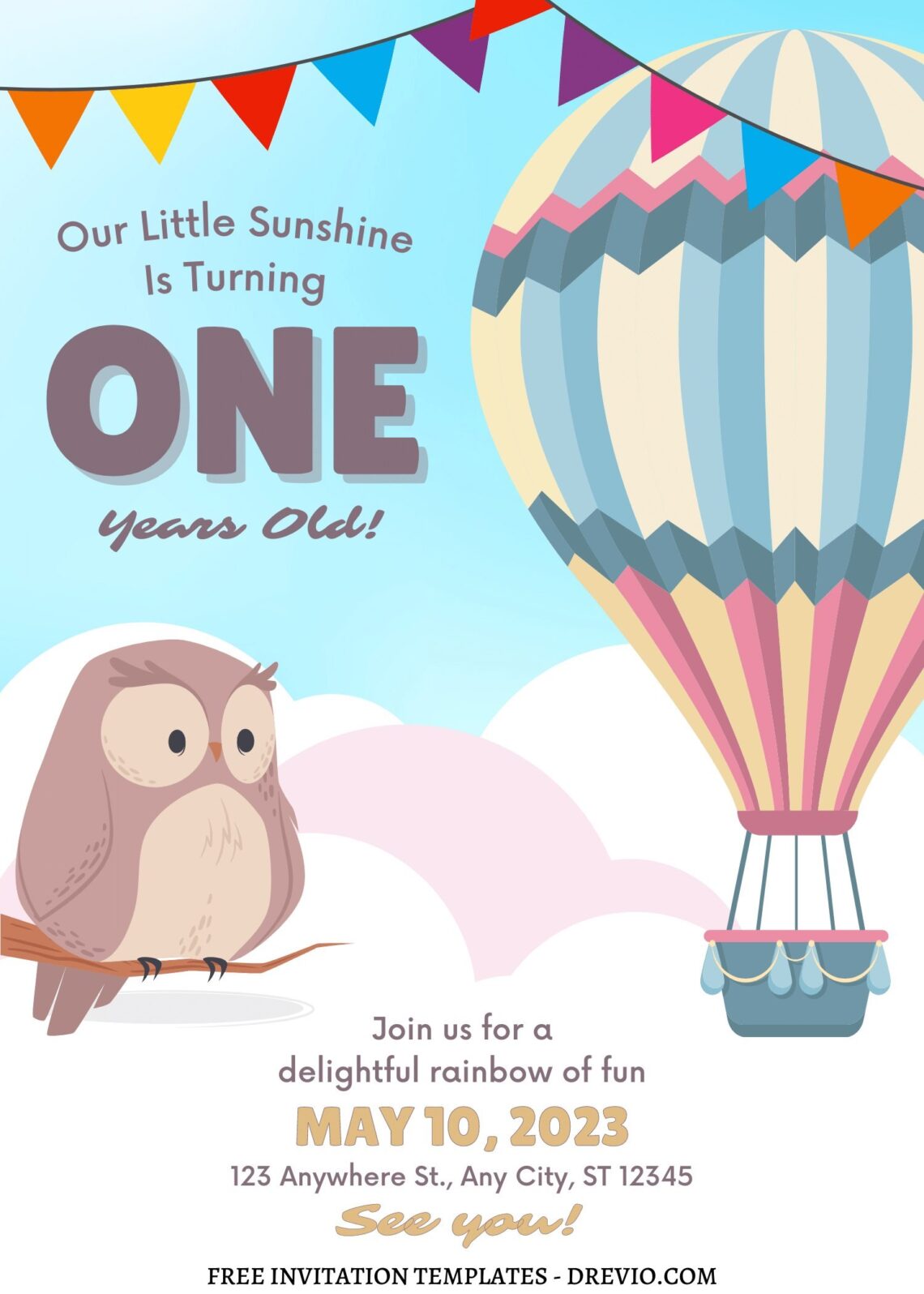 10+ Magical Hot Air Balloon Canva Birthday Invitation Templates with cute owl
