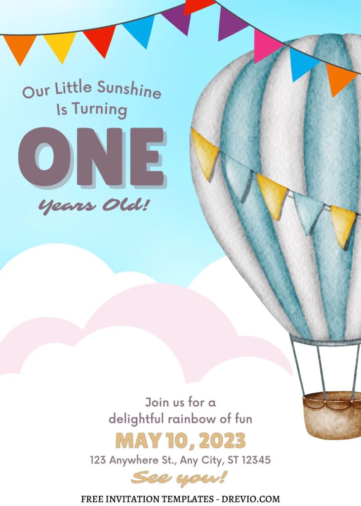 10+ Magical Hot Air Balloon Canva Birthday Invitation Templates with sky background