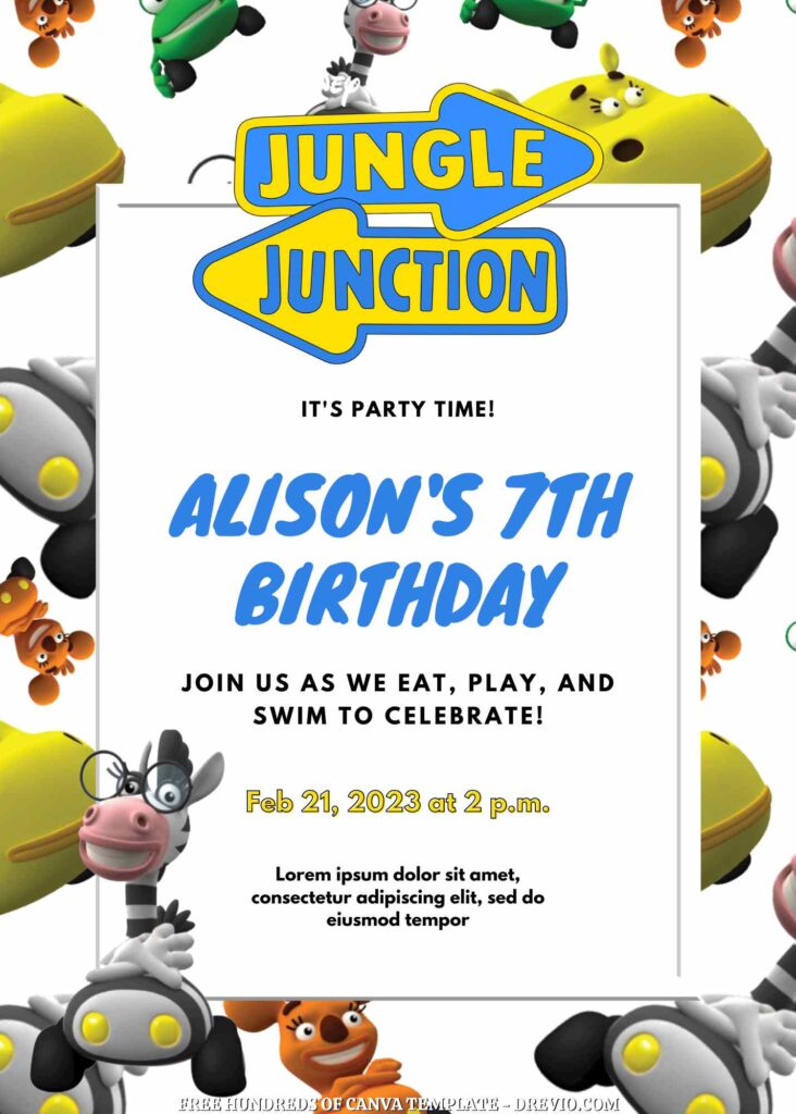 Free Jungle Junction Canva Birthday Invitation Templates with Group in the Background
