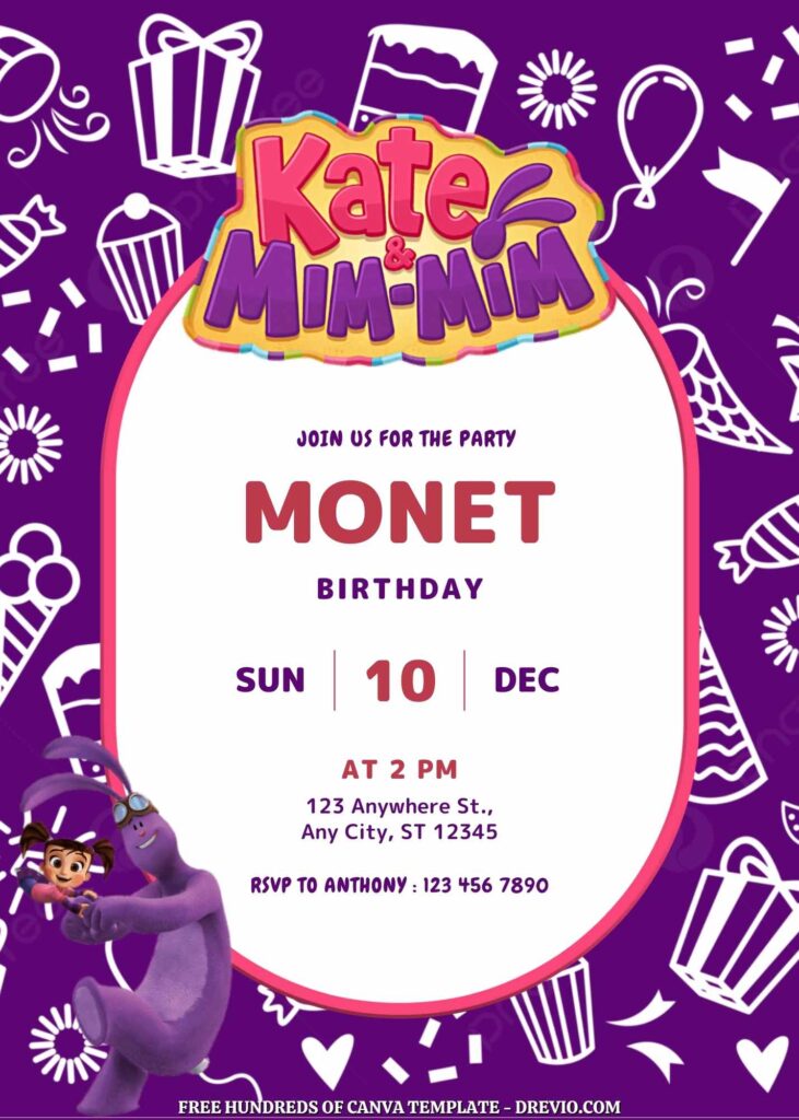 Free Kate and Mim-Mim Birthday Invitations with Purple Pattern in the Background