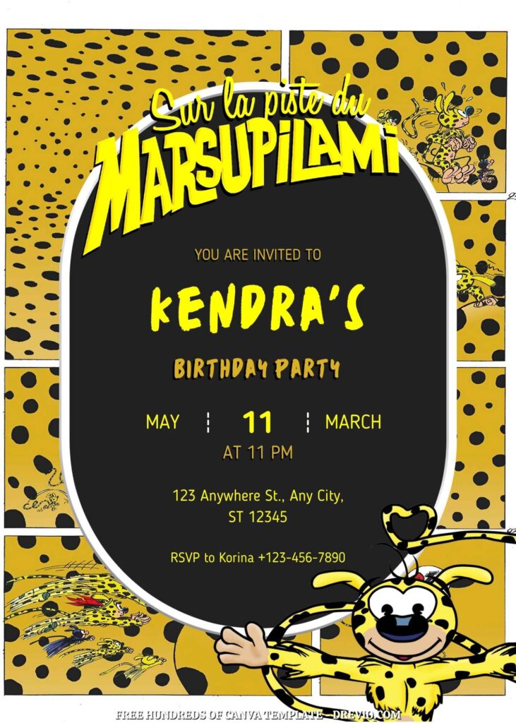 Free Marsupilami Birthday Invitations with Yellow Black Pattern in the Background
