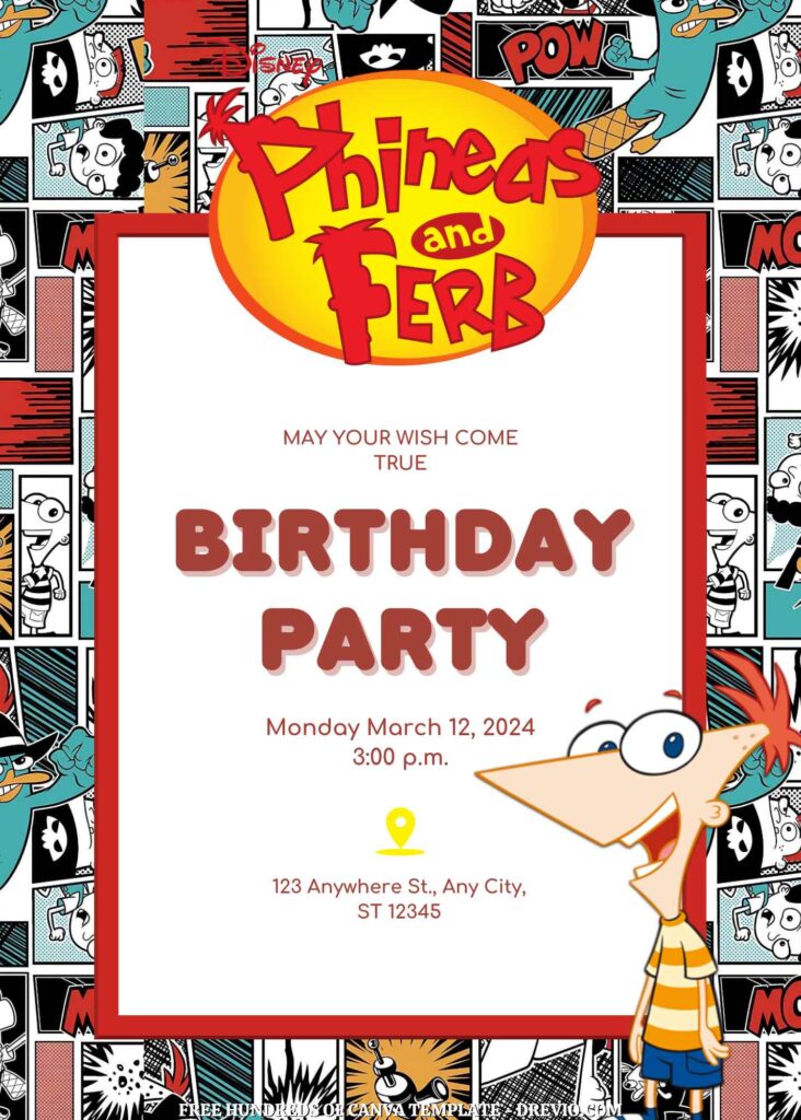 Free Phineas and Ferb Birthday Invitations with Group in the Background