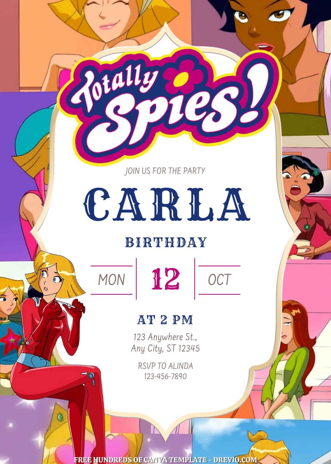 Free Totally Spies Birthday Invitations with Group in the Background