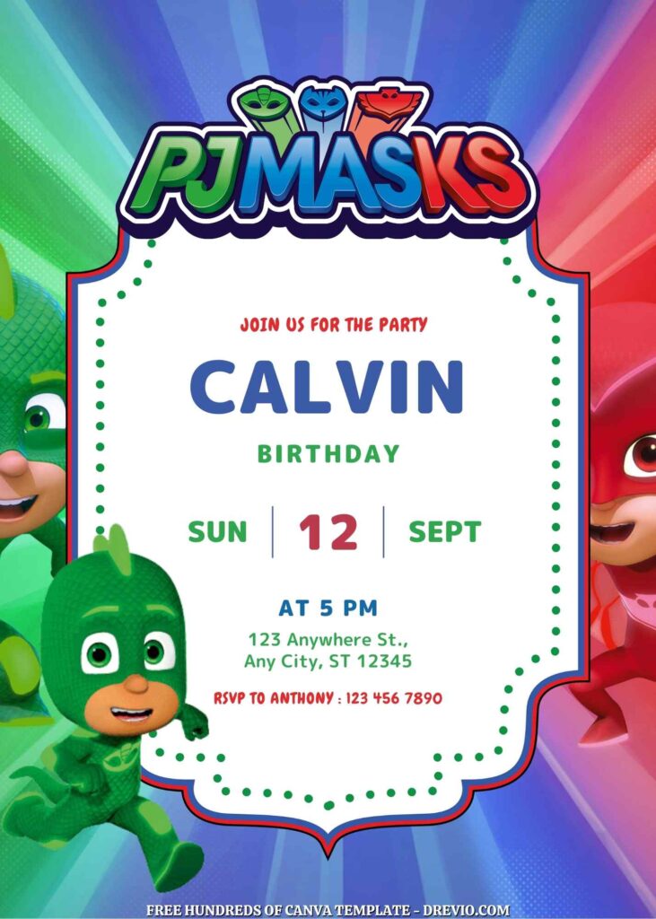 Free PJ Masks Birthday Invitations with Group in the Background