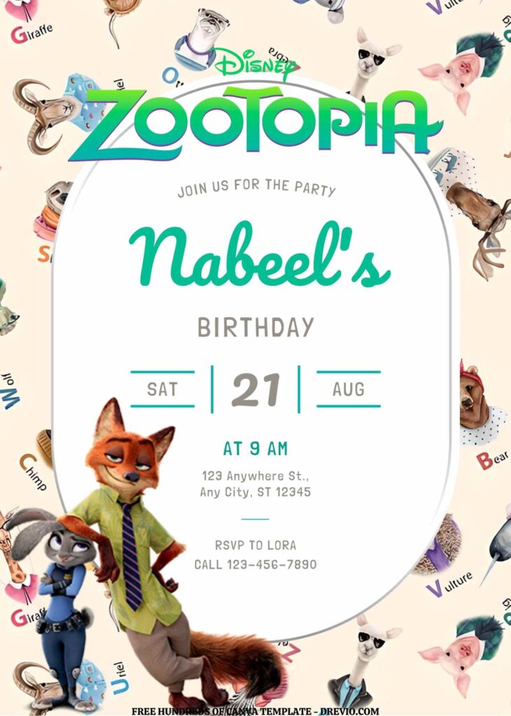 Invitation Template of FREE EDITABLE - 16 Zootopia Canva Birthday Invitation Templates 6