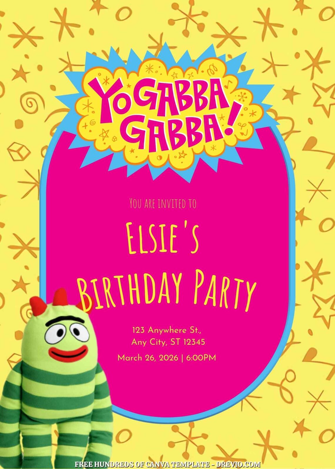 Free Yo Gabba Gabba Birthday Invitations with Yellow Pattern in the Background