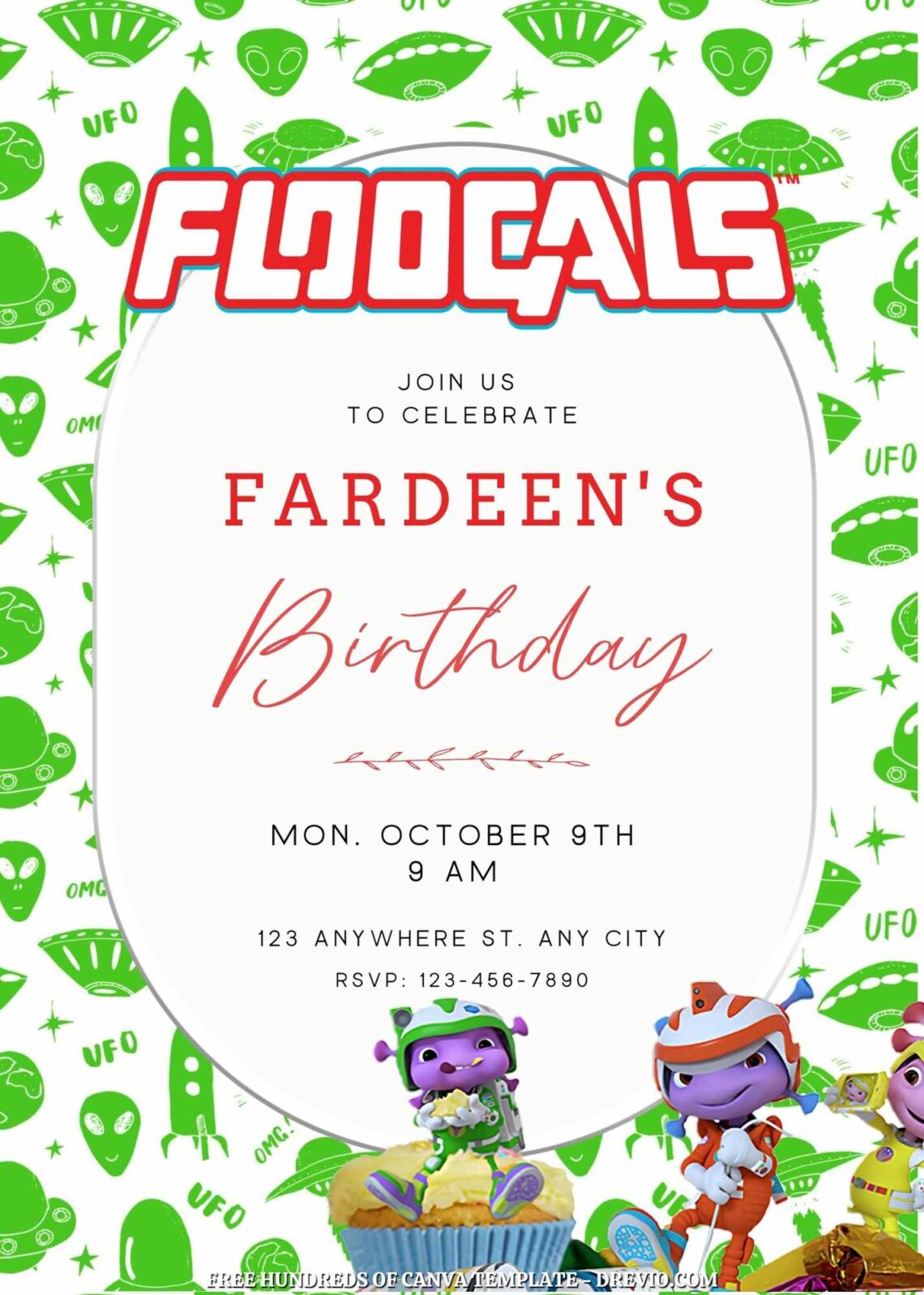 Free Floogals Birthday Invitation Templates with Green Spaceship in the Background