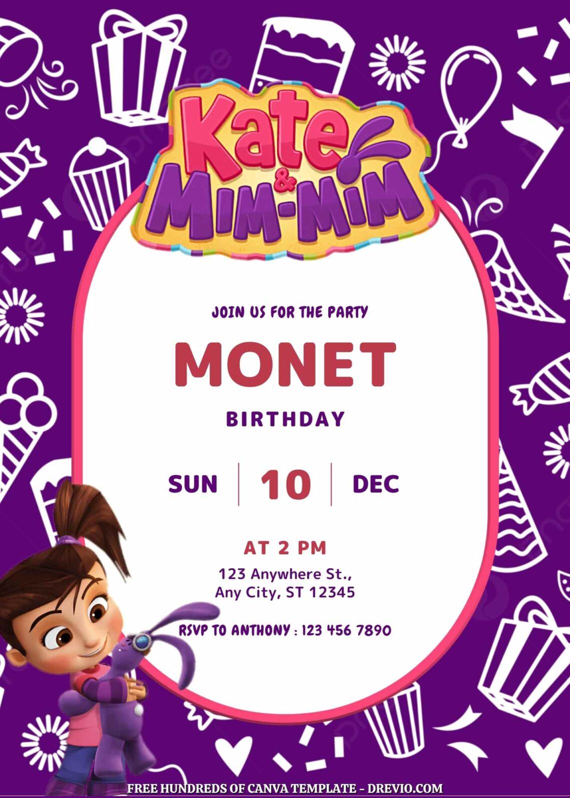 Free Kate and Mim-Mim Birthday Invitations with Purple Pattern in the Background