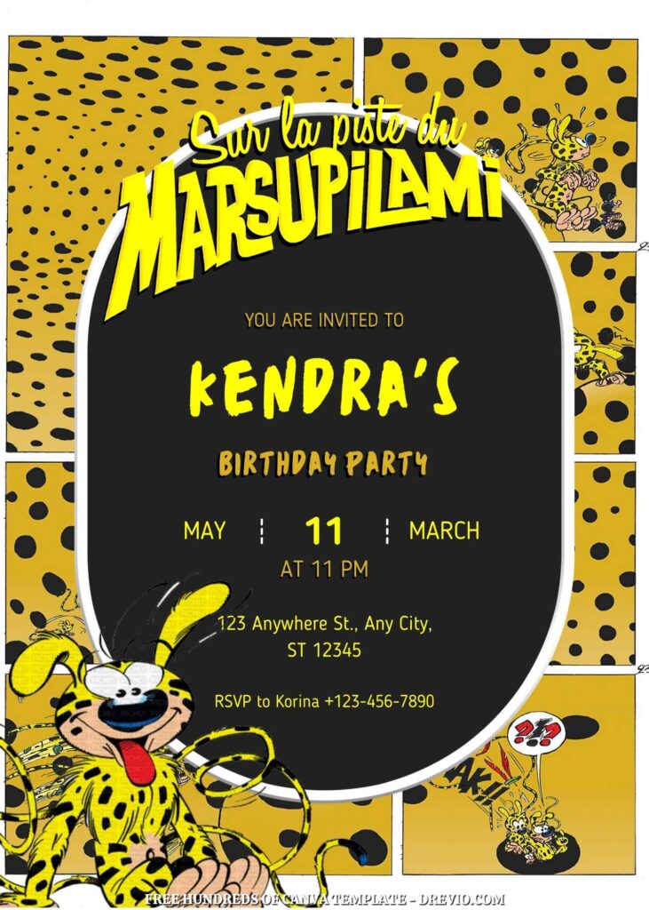 Free Marsupilami Birthday Invitations with Yellow Black Pattern in the Background
