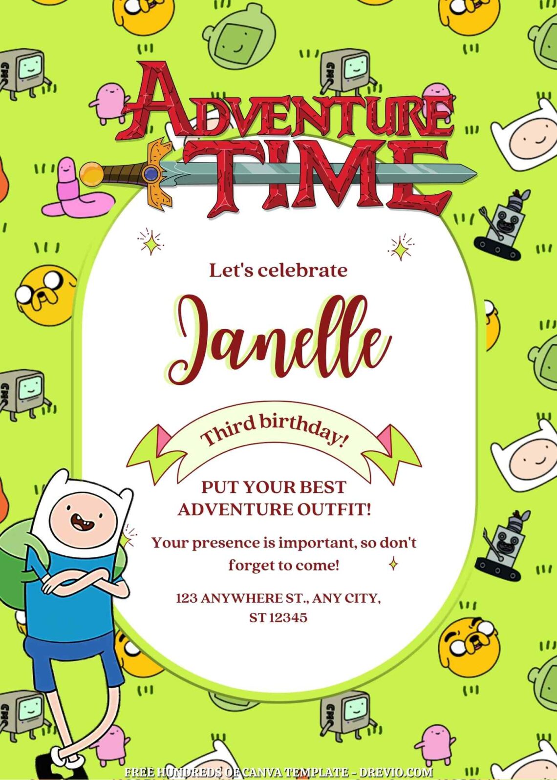 Free Adventure Time Birthday Invitations with Group in the Green Background