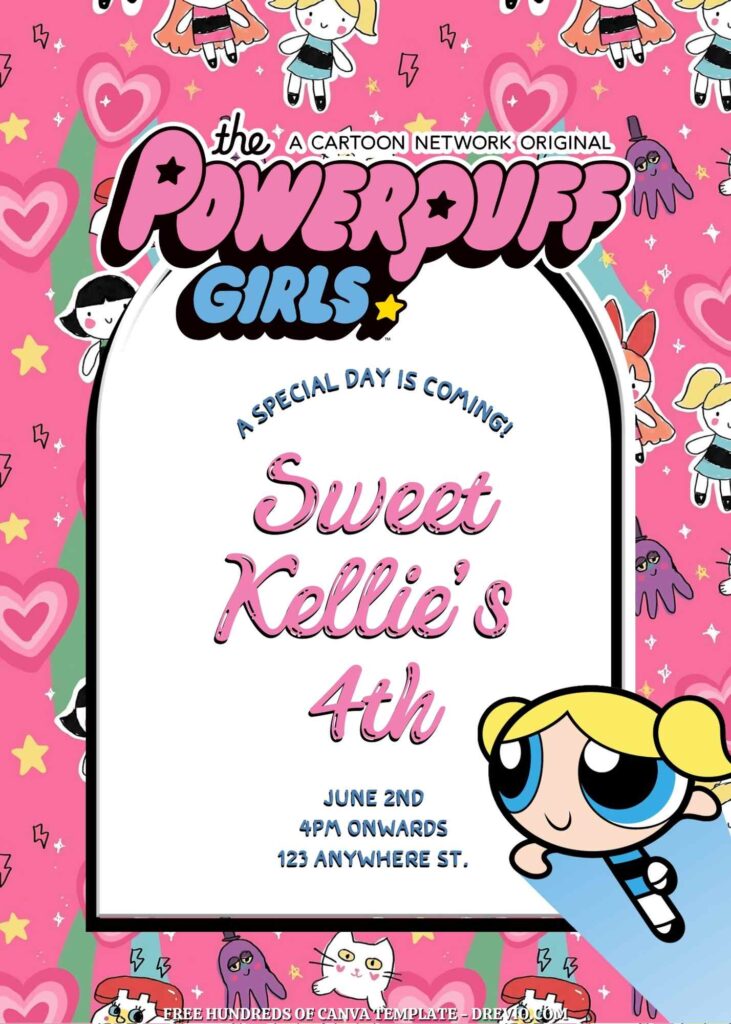 Free Powerpuff Girls Birthday Invitations with Group in the Pink Background