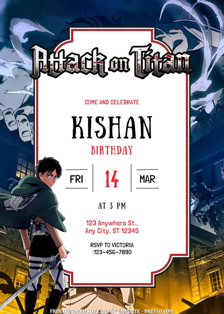 Free Attack on Titan Birthday Invitations with Dark Background