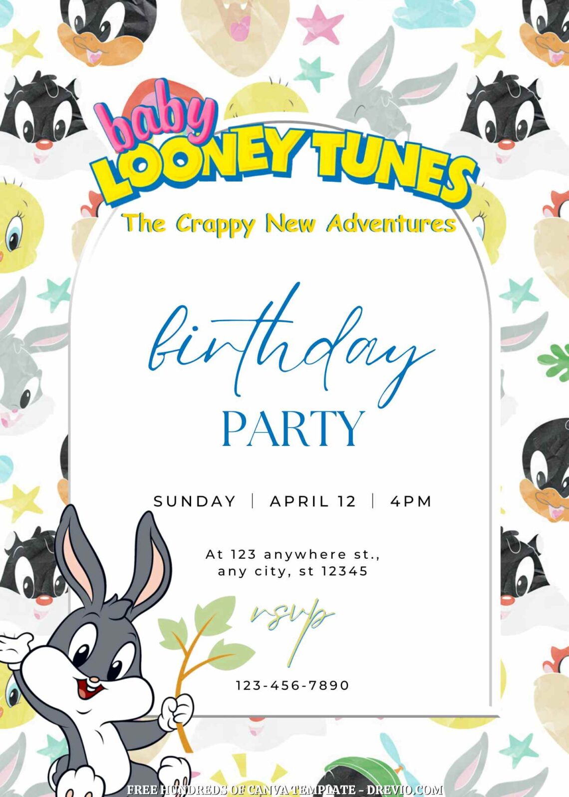 Free Baby Looney Tunes Customize Invitations with Group in the Background