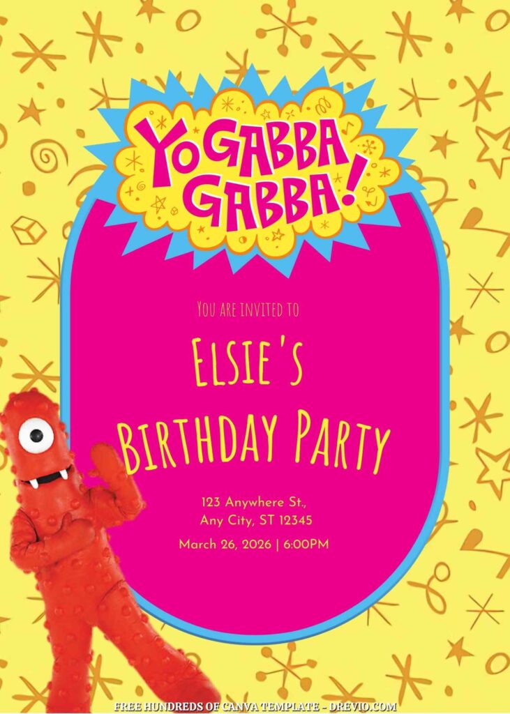 Free Yo Gabba Gabba Birthday Invitations with Yellow Pattern in the Background