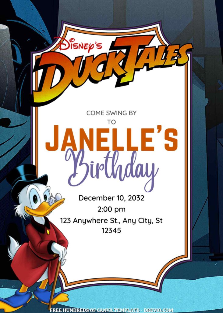 Free DuckTales Birthday Invitations in the Dark Background