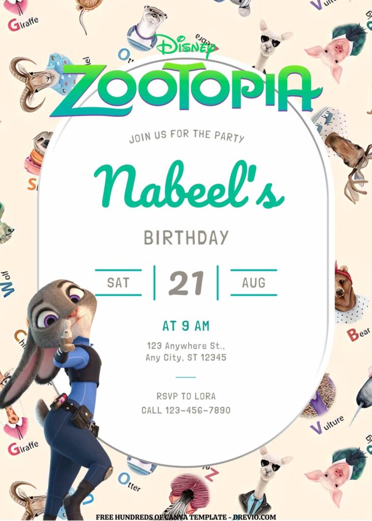 Invitation Template of FREE EDITABLE - 16 Zootopia Canva Birthday Invitation Templates 2