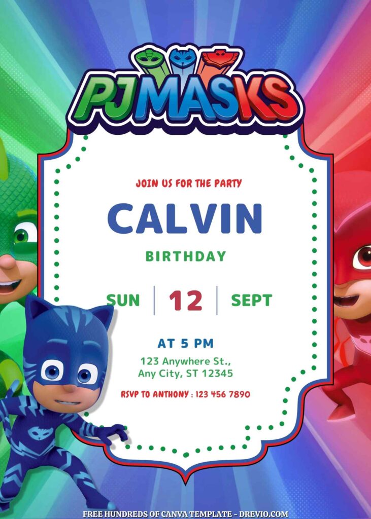 Free PJ Masks Birthday Invitations with Group in the Background